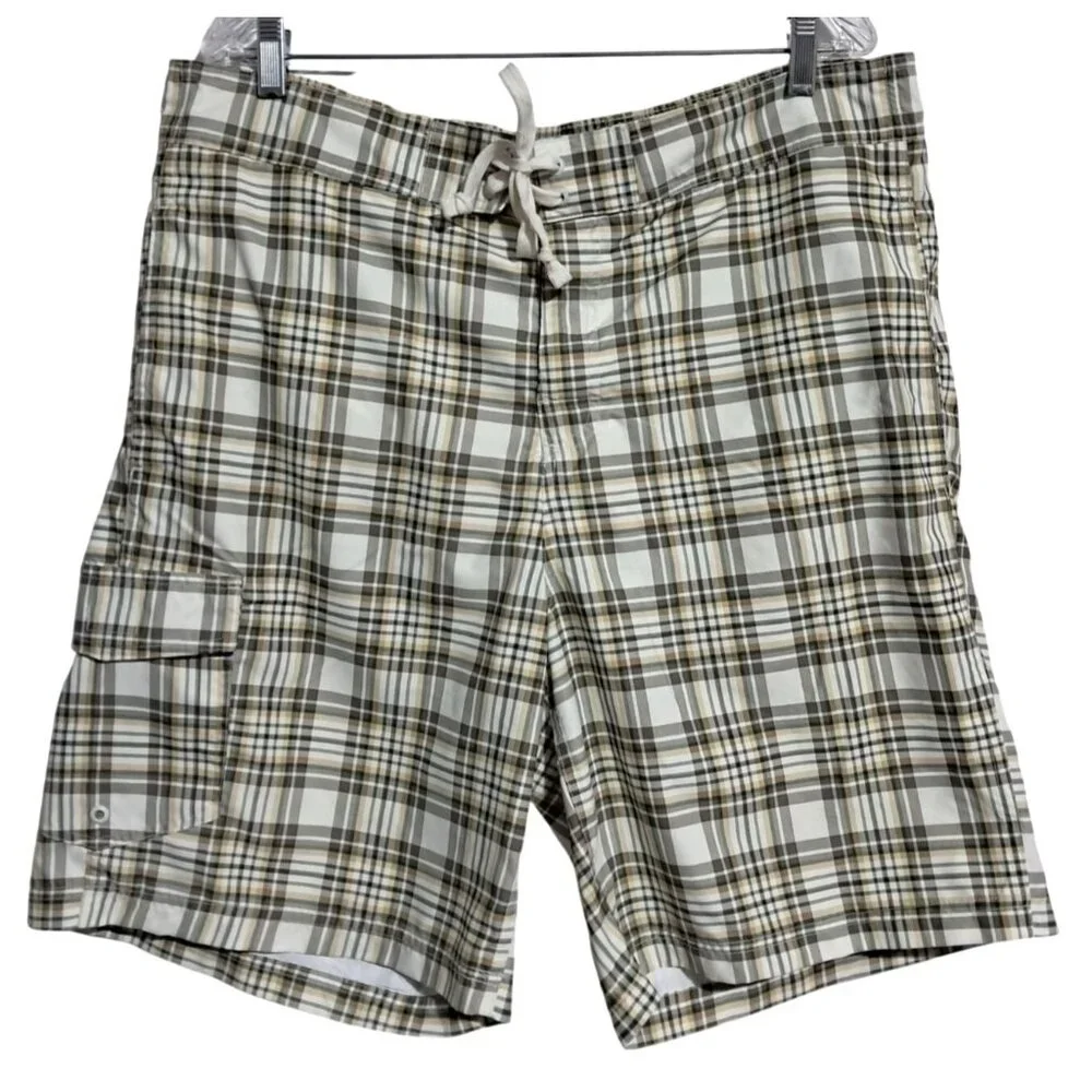 Chaps Plaid Swim Trunks Mens XL Beige White Polyester Mesh Lined Drawstring